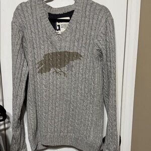 Gray Cable Knit Sweater with Bird Design